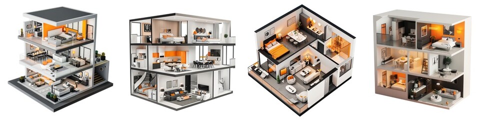 Set of Isometric floor plan of an apartment. Apartment interior plan design. 3d illustration. Smart home