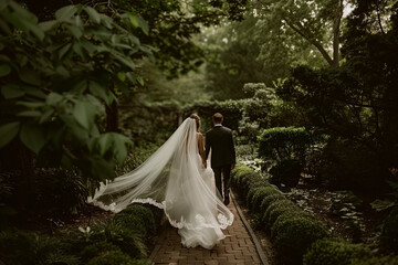 A couple on their wedding day outside.