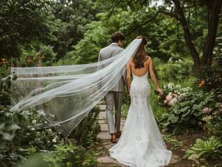 A couple on their wedding day outside.