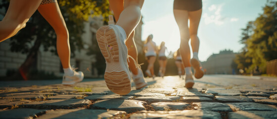 Close-up view of runners' legs and shoes on a paved city street during a sunrise jog, emphasizing fitness and an active urban lifestyle