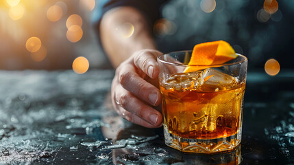 Old fashioned rum drink on ice with orange zest garnish. ,generative ai