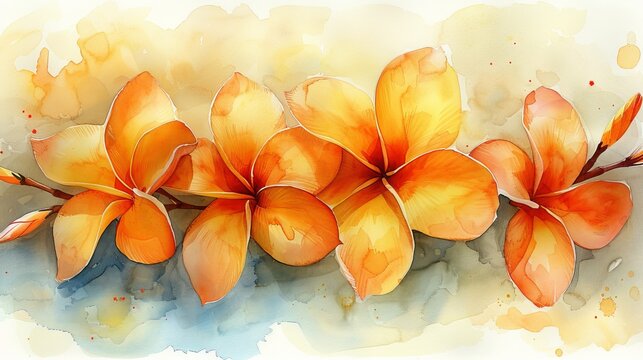 This watercolor illustration features a golden Frangipani flower and a hand-drawn underwater element. The modern art element can be used for greeting cards, printing, and other design projects.