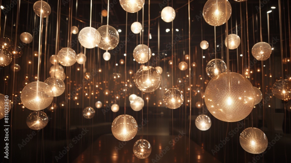 Aufkleber Dozens of lit spherical orbs hang at different heights creating a magical atmosphere in a dark interior space.