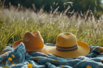 A father and daughter's matching sun hats resting on a picnic blanket.