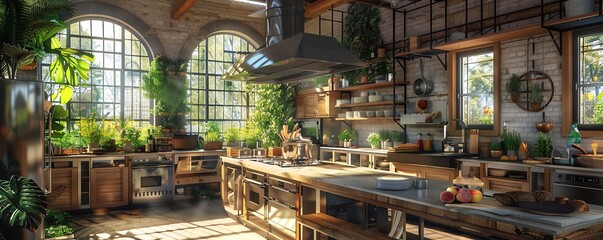 EcoFriendly Feasts cooking show set, designed with a fully sustainable kitchen, where chefs prepare seasonal and local ingredients to create gastronomic delights, ideal for a cooki