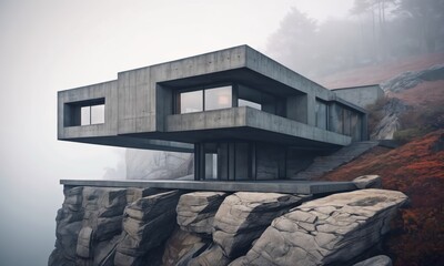 modern house on a rocky cliff in fog. - Powered by Adobe