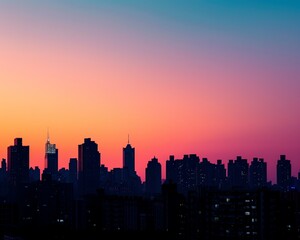 Silhouette of a city skyline at sunset, where the buildings form a sharp horizon against a spectrum of twilight hues, complemented by the distant symphony of urban life, suitable f