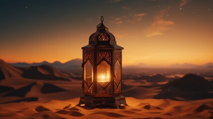A magical Islamic Ramadan celebration lantern perched on a cliff overlooking a vast desert