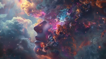 A woman face is encircled by fluffy clouds and twinkling stars in a celestial-inspired scene. - Powered by Adobe