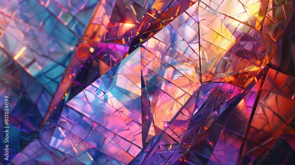 Poster multicolored lights dance across a geometric patterned surface created by the interplay of shattered