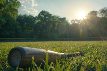 A father-daughter baseball practice with a baseball bat and glove resting on a grassy field. Nearby, a baseball tee stands ready for batting practice.