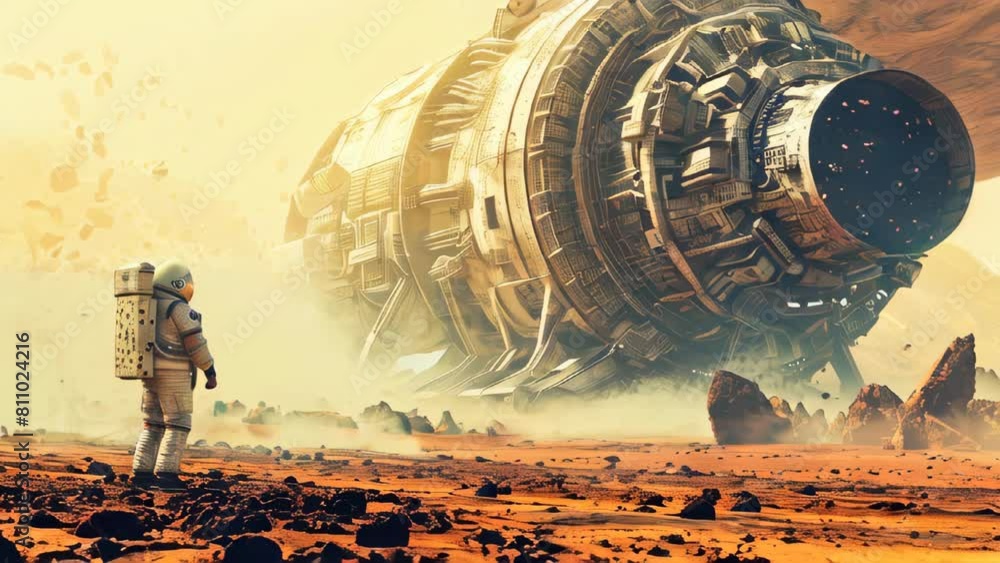 Poster an astronaut on an alien planet standing near a high tech intricate ancient alien structure or stars