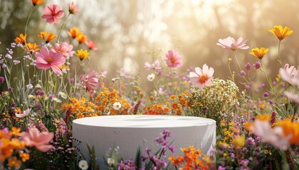 white podium or platform on summer flower background, for product presentation, copy space