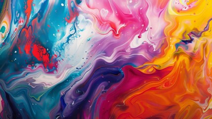 Multicolored abstract paint swirls create a vibrant, flowing backdrop with a dynamic blend of hues.