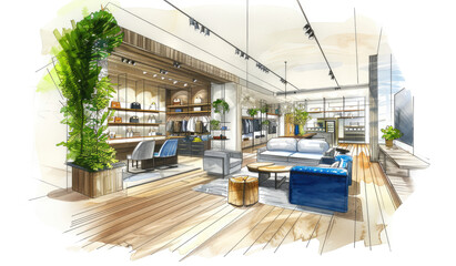 A technical drawing of the interior space for an urban store, with wooden floors and green plants on the walls, a white ceiling, black lines depicting an interior design concept