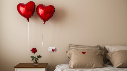 Simple bedroom with neutral colors, a single rose on the bedside table, and two red heart balloons overhead.