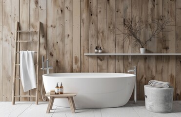 Minimalist bathroom with wooden wall panels, white bathtub and gray walls, wood paneling on the floor