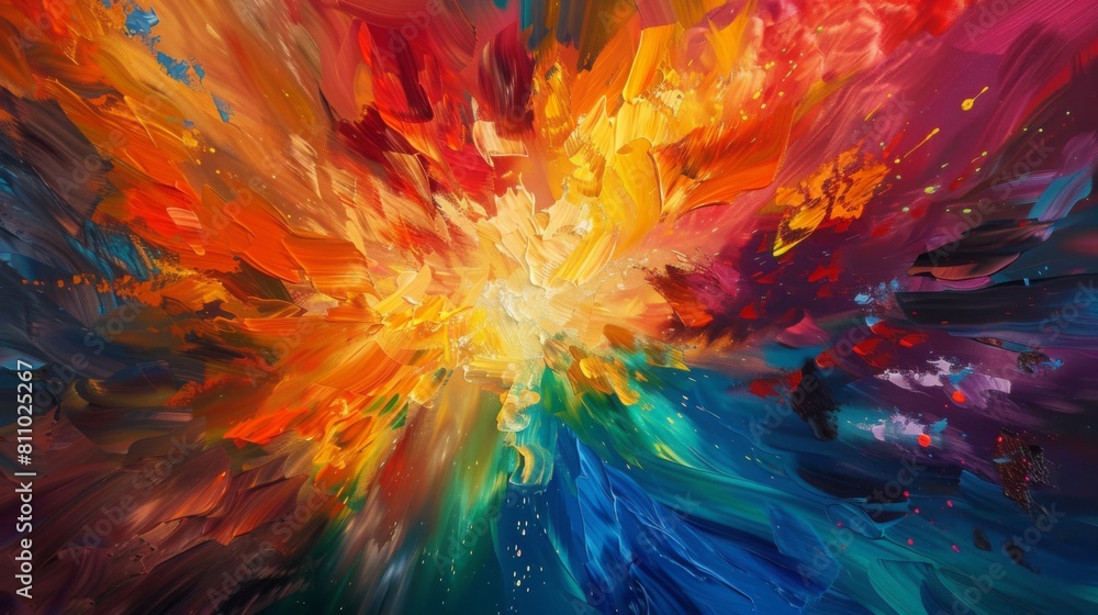 Poster an abstract painting featuring a riot of vibrant, colorful hues blending and intersecting in a dynam