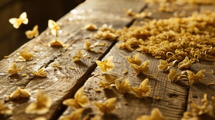 On a rustic wooden table an artistic masterpiece unfolds as raw noodles are skillfully arranged to mimic fluttering butterflies symbolizing the enchanting dance of musical notes