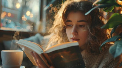 Young adult engrossed in mystery book with coffee in cozy cafe corner.