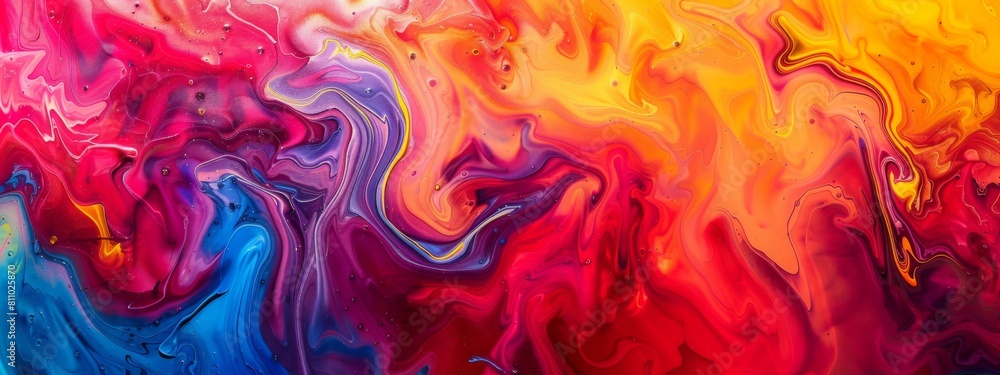 Poster an abstract painting featuring a variety of colors and shapes, creating a visually dynamic and intri