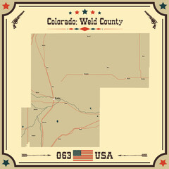 Large and accurate map of Weld County, Colorado, USA with vintage colors.