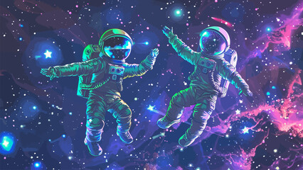 Two astronaut in space. Children book illustration or book cover template with beautiful scenery 
