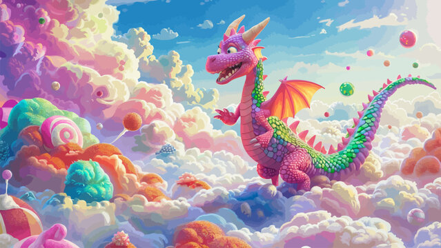 A giggling dragon in a candy land. Children book illustration or book cover template with beautiful scenery 
