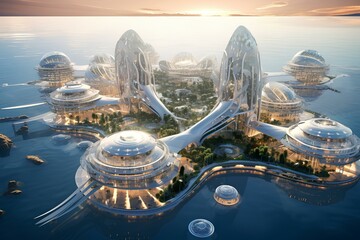 Futuristic cityscape with domed buildings and waterways.