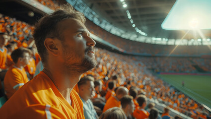 Young football soccer fan wearing orange football shirt in the stadium watching favourite team match