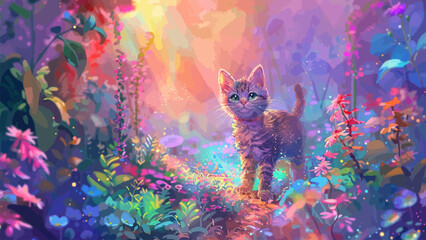 A cute cat in a beautiful garden. Children book illustration or book cover template with beautiful scenery 

