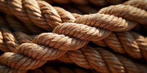 Fototapeta premium Close-Up View Of Thick Twisted Rope Texture In Natural Brown Color. Detail Of Strong Rope Knot. Generative AI
