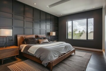 The understated luxury of a minimalist black bedroom with sophisticated dark gray wall paneling, providing a serene and stylish environment