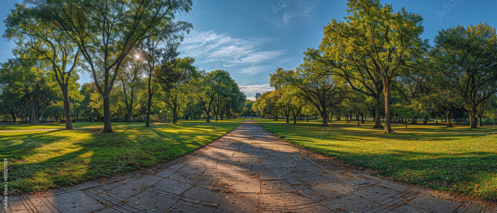 Poster lush trees and winding paths in a serene public park setting.