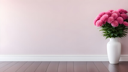 Pink wall background, brown parquet floor, home furniture detail, vase of pink flower plant.