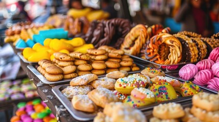 During the Catholic Corpus Christi festivities in Ecuador you can indulge in a variety of classic treats like cookies jelly candy and chocolate at the vibrant open market The colorful scene