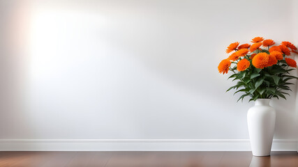 White wall background, brown parquet floor, home furniture detail, vase of orange flower plant.