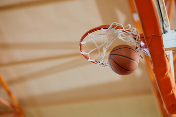 Below view of  ball in basketball hoop.