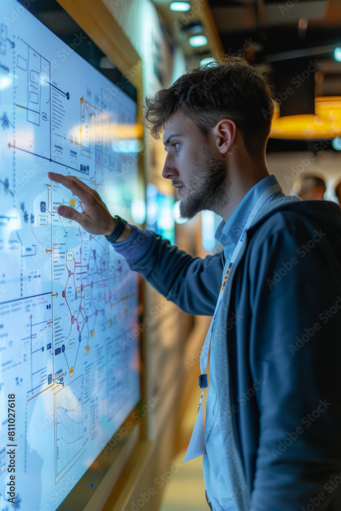 Poster professionals optimizing business processes with technology on a large touchscreen.