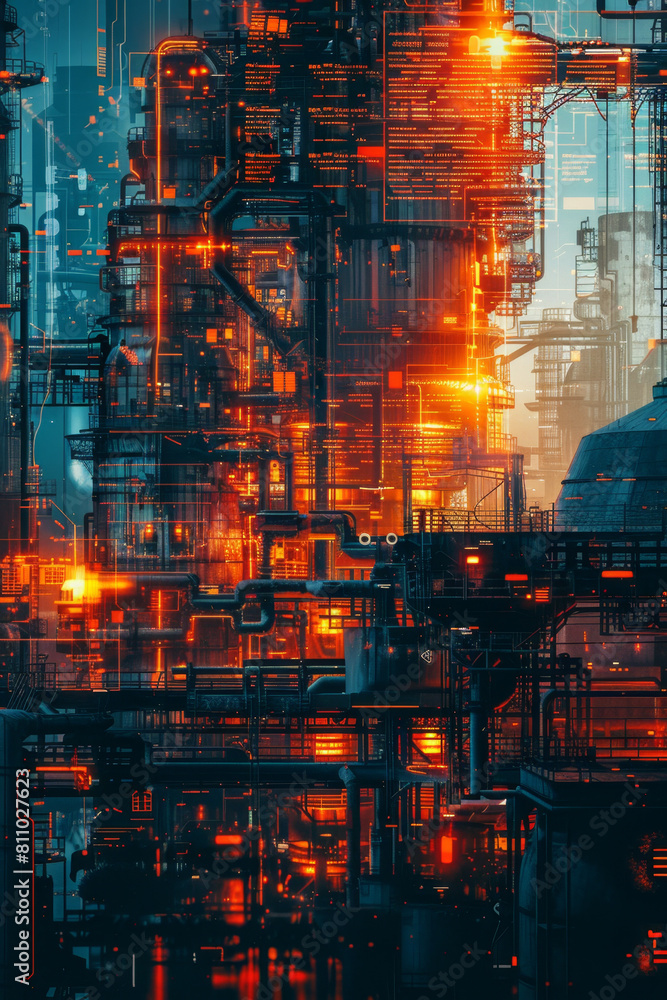 Poster a random factory with futuristic hud hologram display.
