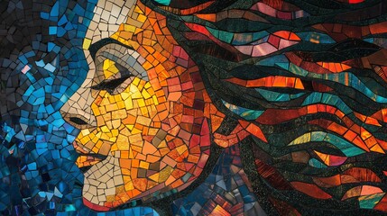A colorful mosaic of small geometric shapes forming the profile and hair, with warm tones creating depth in an abstract portrait of a girl's face in the style of symbolizing creativity and diversity