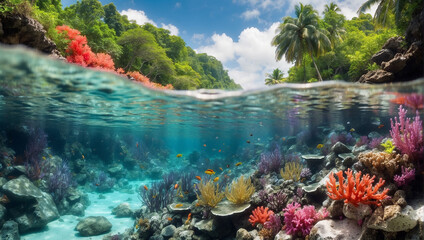 This is a beautiful split-level image of a coral reef.