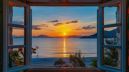 A serene and captivating image depicting the view of a sunrise over the sea from an open window. 