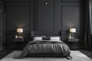 The elegance of a minimalist bedroom with black decor elements and dark gray wall paneling, offering a stylish and modern retreat