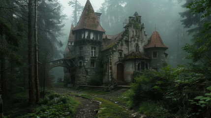 Misty forest castle in morning light