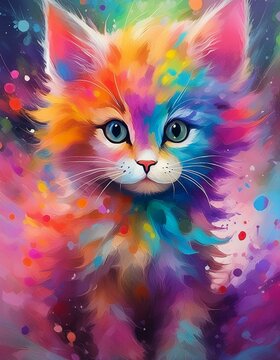 colorful cute kitten with fluffy fur painted in vibrant colors looks like fell fallen into paint painting in blue purple pink yellow orange
