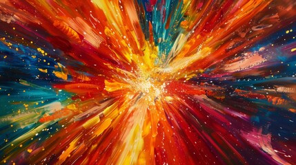 A canvas displays an abstract burst of bright colors radiating from a central point, evoking energy.