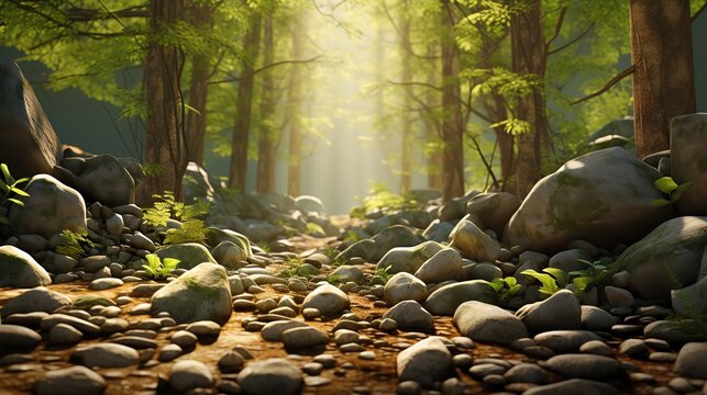 A rocky path winds through a dense forest. The trees are tall and the leaves are green. The sun is shining through the trees. The path is covered in moss and rocks.