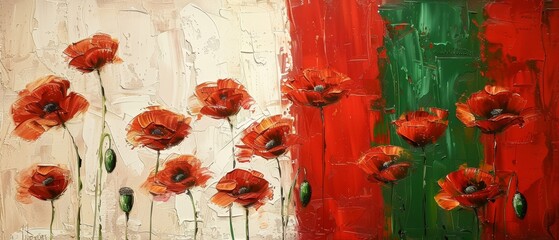 Textured Oil Painting of Poppies on Red, White, and Green, Symbolizing Italian Flag in a Vibrant Abstract Floral Art