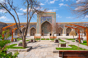 Inner courtyard of the Tilla-Kari (Tilya-Kori) Madrasah at the center of the Registan Square in...